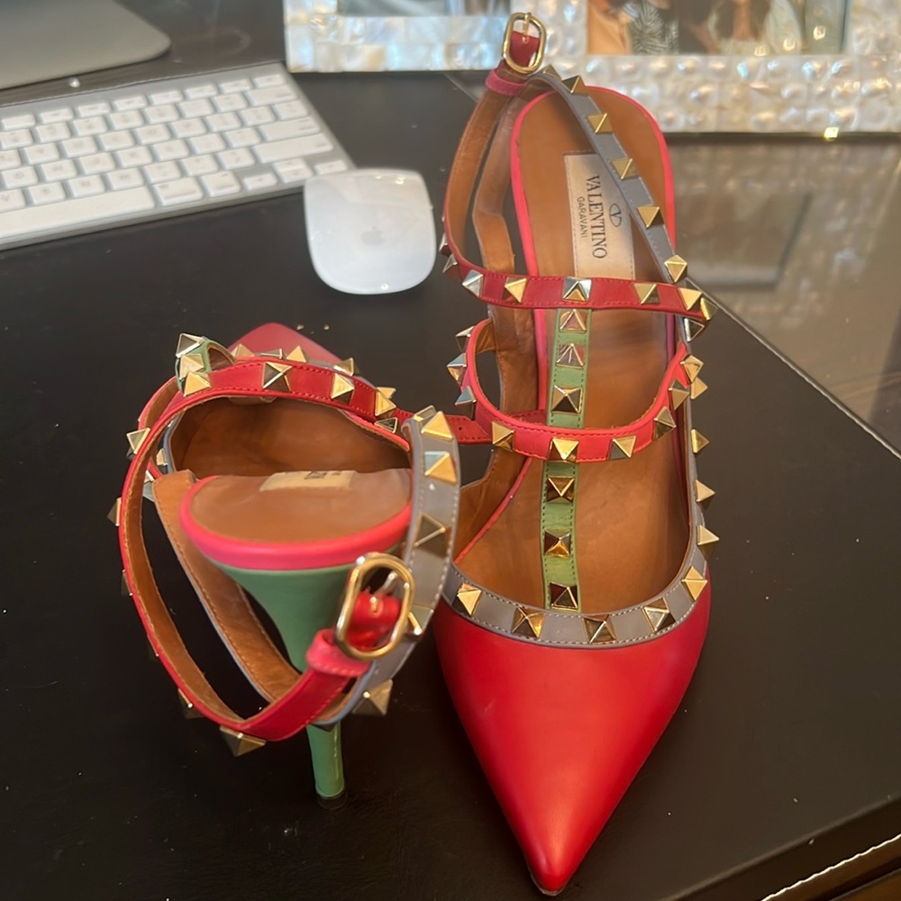 Valentino
Rockstud Multicolor Slingback Sandal, Rosso/Grigio/Clover